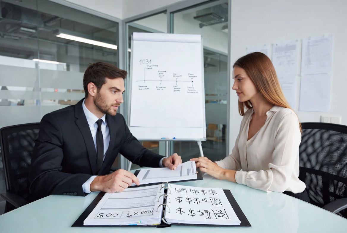 A real estate investor and CPA mapping out a 1031 exchange timeline on a glass whiteboard