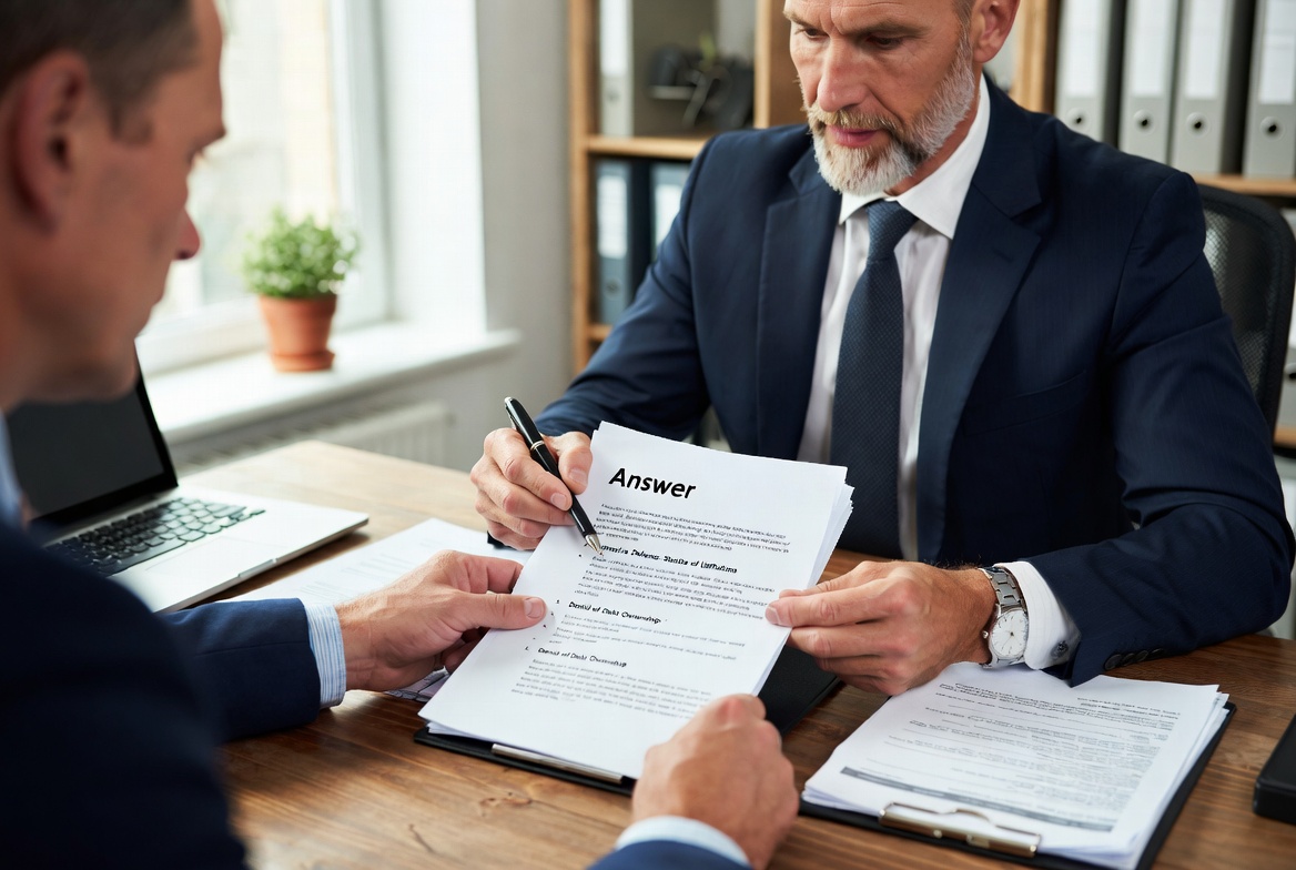 A sharp Caucasian attorney and a focused male client in a local law office, actively reviewing a legal response form, with the attorney highlighting the 'Statute of Limitations' affirmative defense section