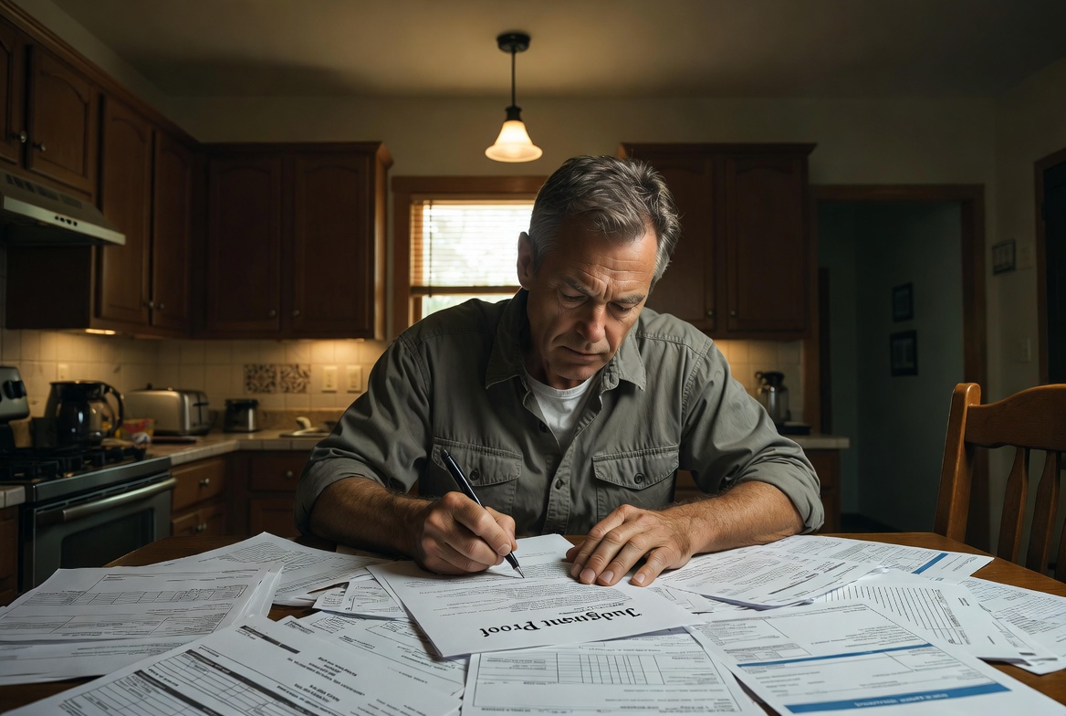A focused Caucasian male in his 50s sitting at a modest dining table, surrounded by medical bills and unemployment documents, carefully writing a formal 'Judgment Proof' notification letter to creditors