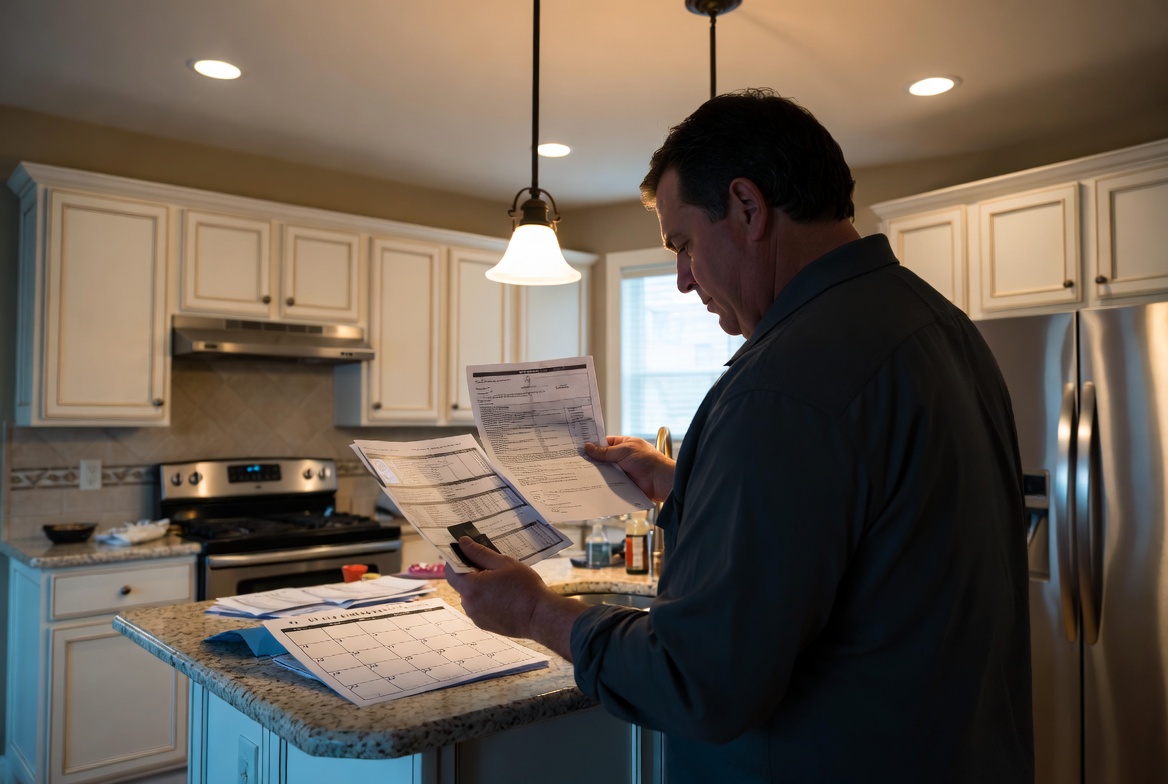 A focused Caucasian male in his 40s standing at a kitchen island in a suburban home, intensely comparing a formal legal summons with old credit card statements and a calendar