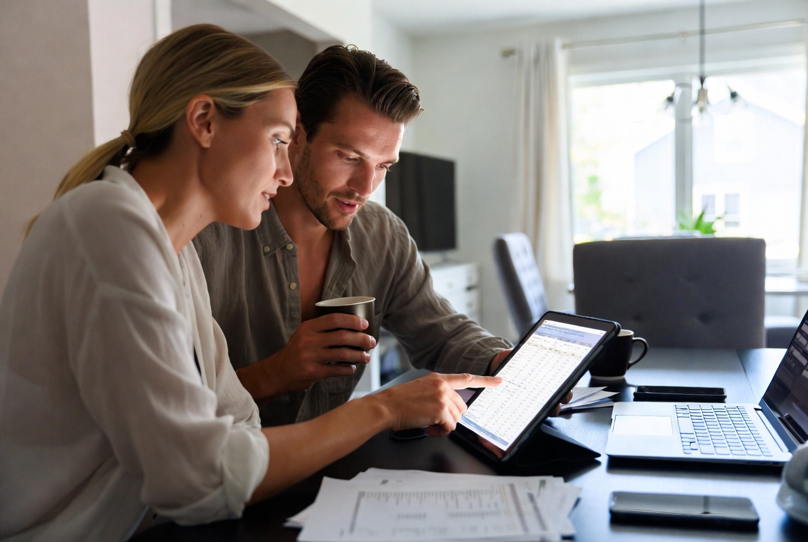 determined Caucasian couple in their 30s sitting at a modern dining table, actively consulting a financial document on a digital tablet while drinking coffee, executing a debt restructuring plan