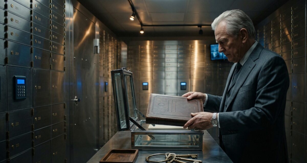 a serious Caucasian elderly man with white hair in a high-end bank vault meticulously places a gilded Irrevocable Trust Deed and a set of old keys into a modern, transparent glass lockbox, symbolizing asset shielding