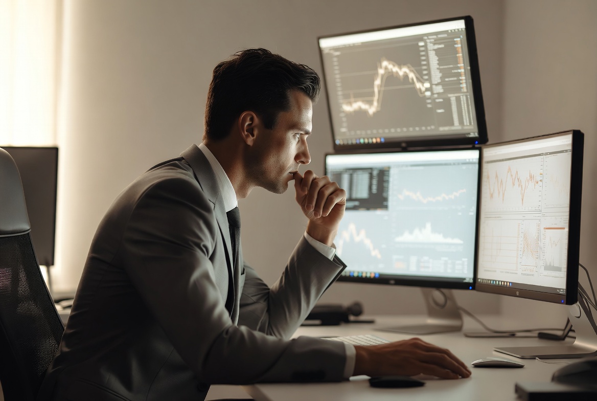 A sharply dressed East Asian man in his early 30s reviewing a digital trading dashboard on a multi-monitor setup in a luxury home office, actively picking stocks for a self-directed portfolio