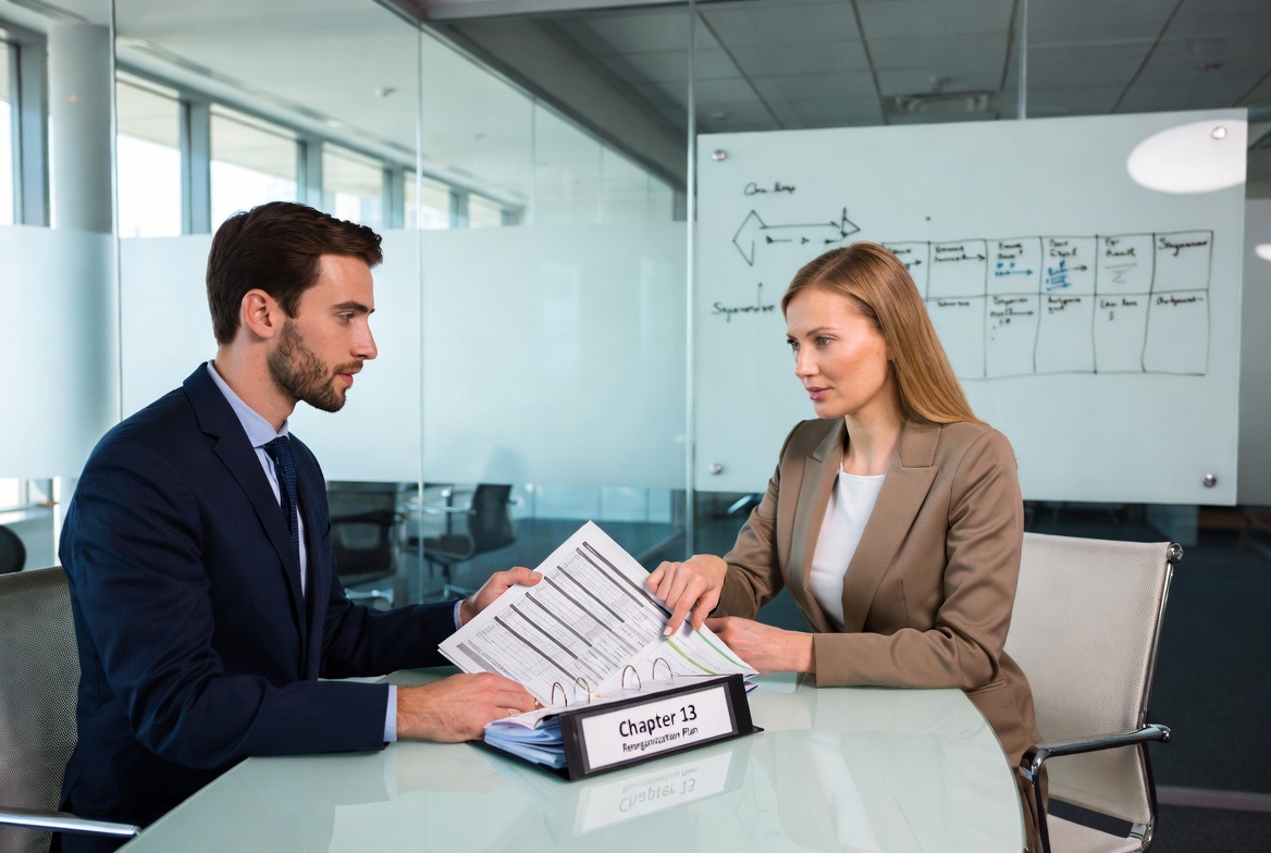 A legal advisor mapping out a Chapter 13 reorganization timeline on a glass whiteboard