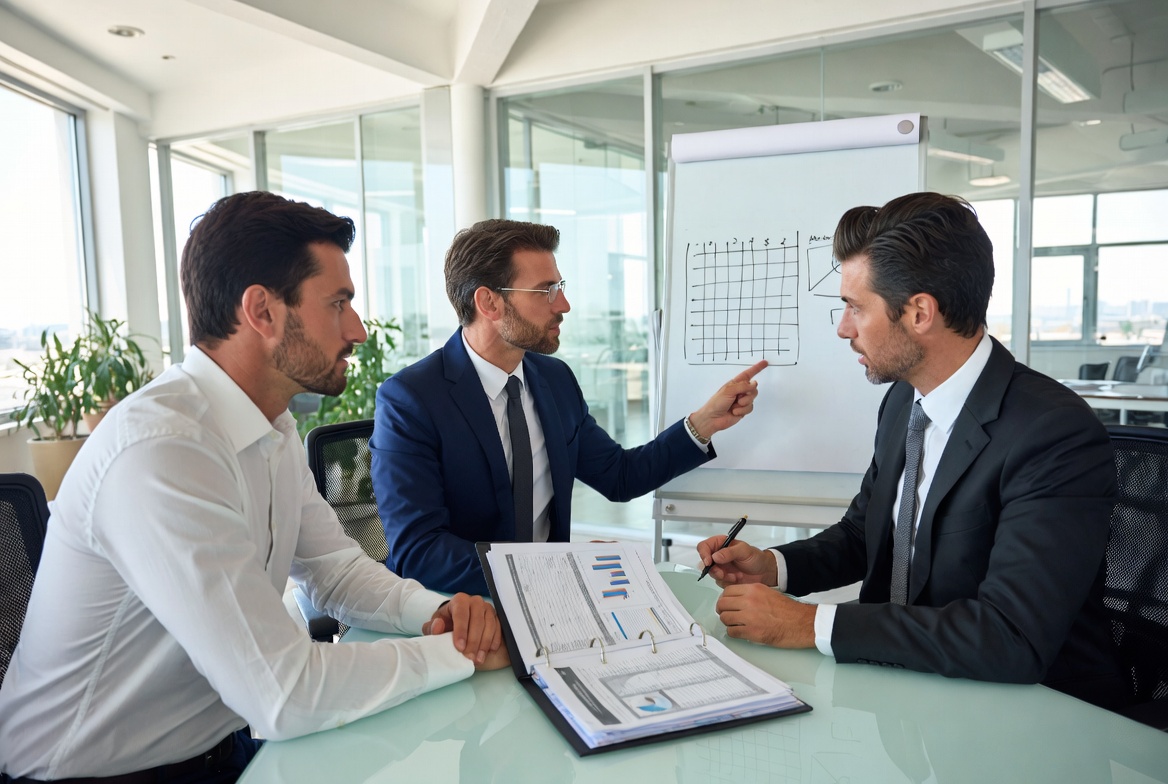 A CPA and a business owner mapping out a Q4 tax deduction strategy on a clean glass whiteboard