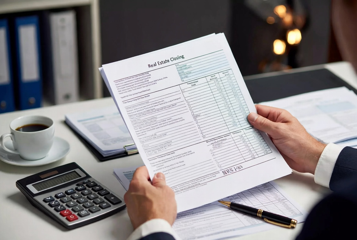 A tax strategist reviewing real estate closing documents and IRS forms on a modern desk