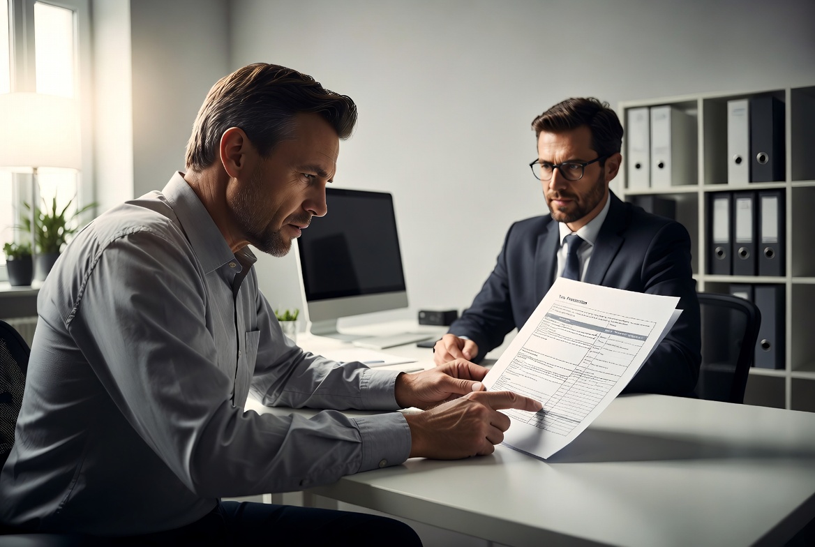 A stressed but focused Caucasian male professional in his 40s sitting in a local CPA office, reviewing a stark federal tax projection document alongside his accountant
