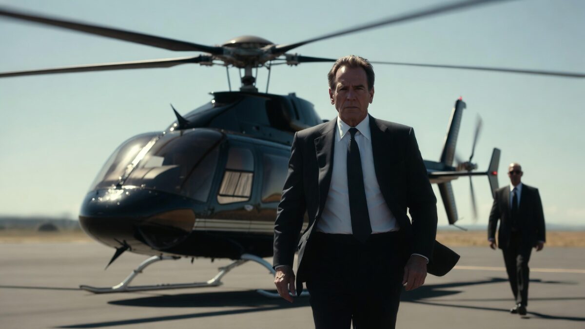 sharp Caucasian UHNW patriarch walking confidently across a private tarmac towards a sleek waiting helicopter, accompanied by security, symbolizing untouchable wealth and jurisdictional distance