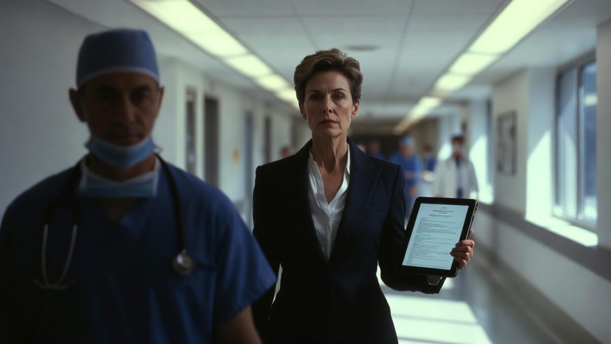 confident middle-aged Caucasian woman walking decisively down a bright, ultra-modern private hospital corridor, holding up a digital tablet displaying an Authorized Healthcare Proxy to an out-of-focus surgeon