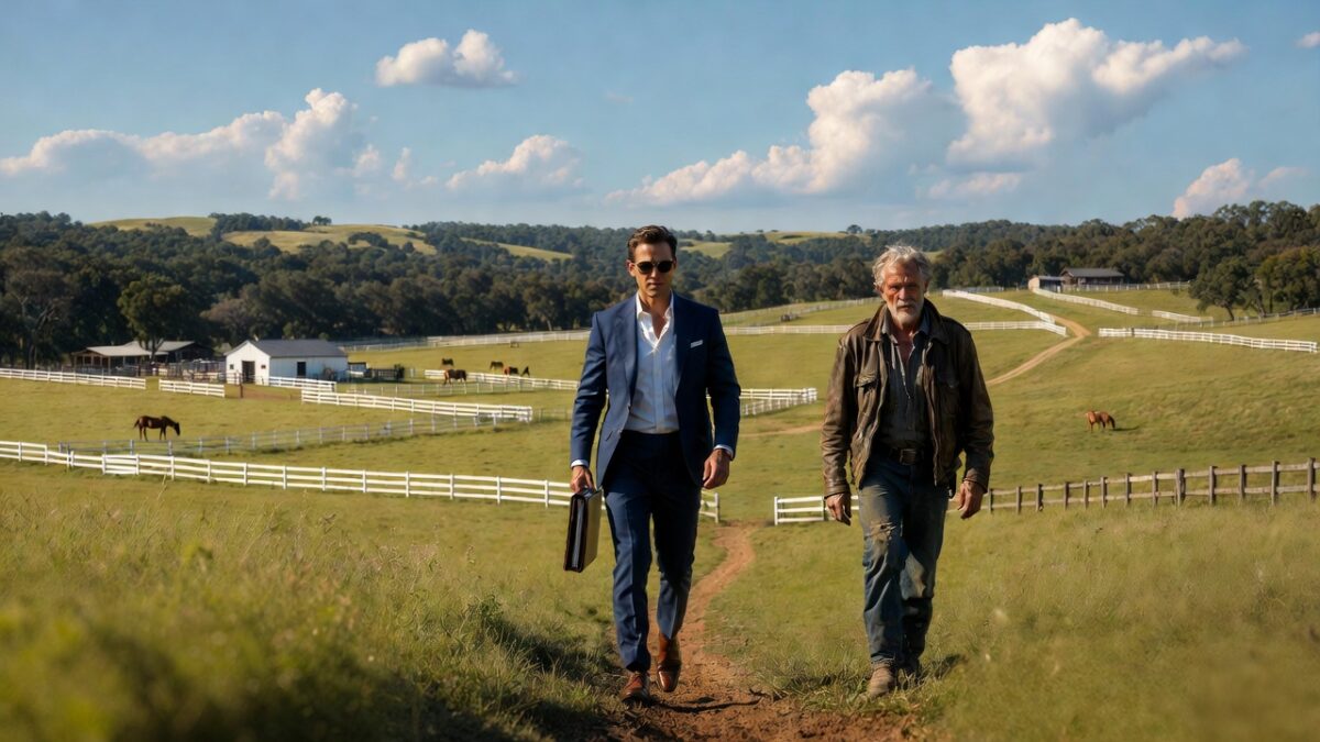 sharp Caucasian estate executor in a tailored suit walking dynamically across an expansive private equestrian ranch with a property manager, conducting a physical audit of estate assets