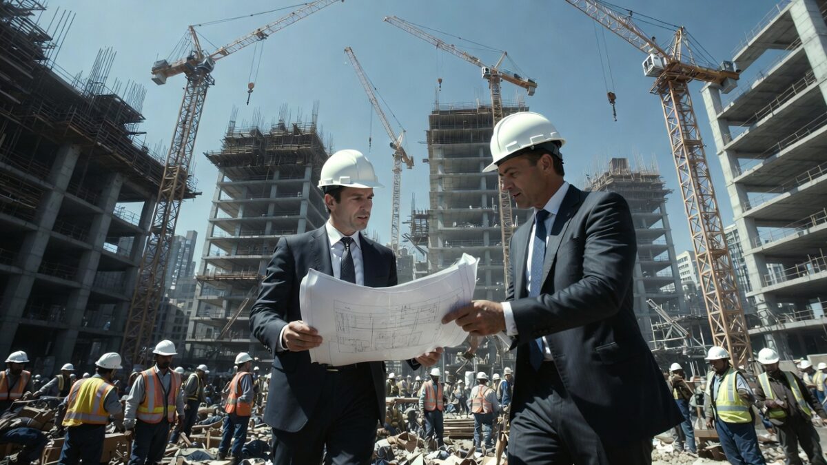 confident Caucasian UHNW real estate developer wearing a hard hat and tailored suit, walking dynamically through a massive high-rise construction site alongside his legal counsel, discussing corporate shielding