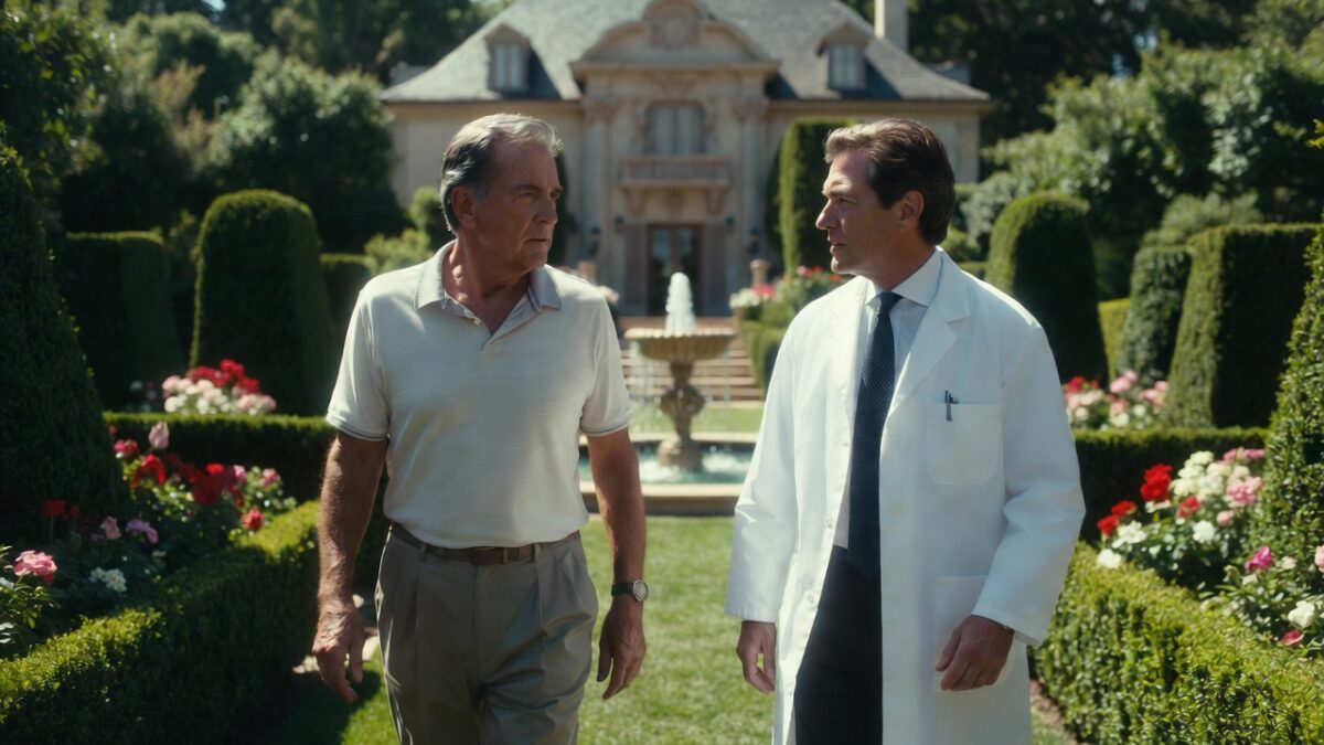 wealthy Caucasian patriarch in his 60s walking actively through a lush private estate garden alongside a professional concierge doctor, engaged in a serious conversation about long-term care