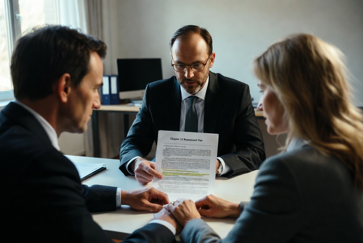 A focused Caucasian couple in their 40s sitting in a modern, professional law office, actively reviewing a complex Chapter 13 Repayment Plan document with their attorney
