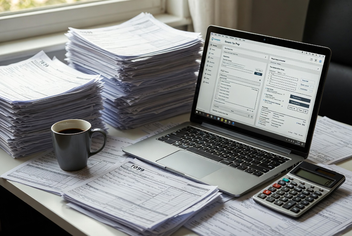 Detailed view of organized tax documents and filing software on a laptop