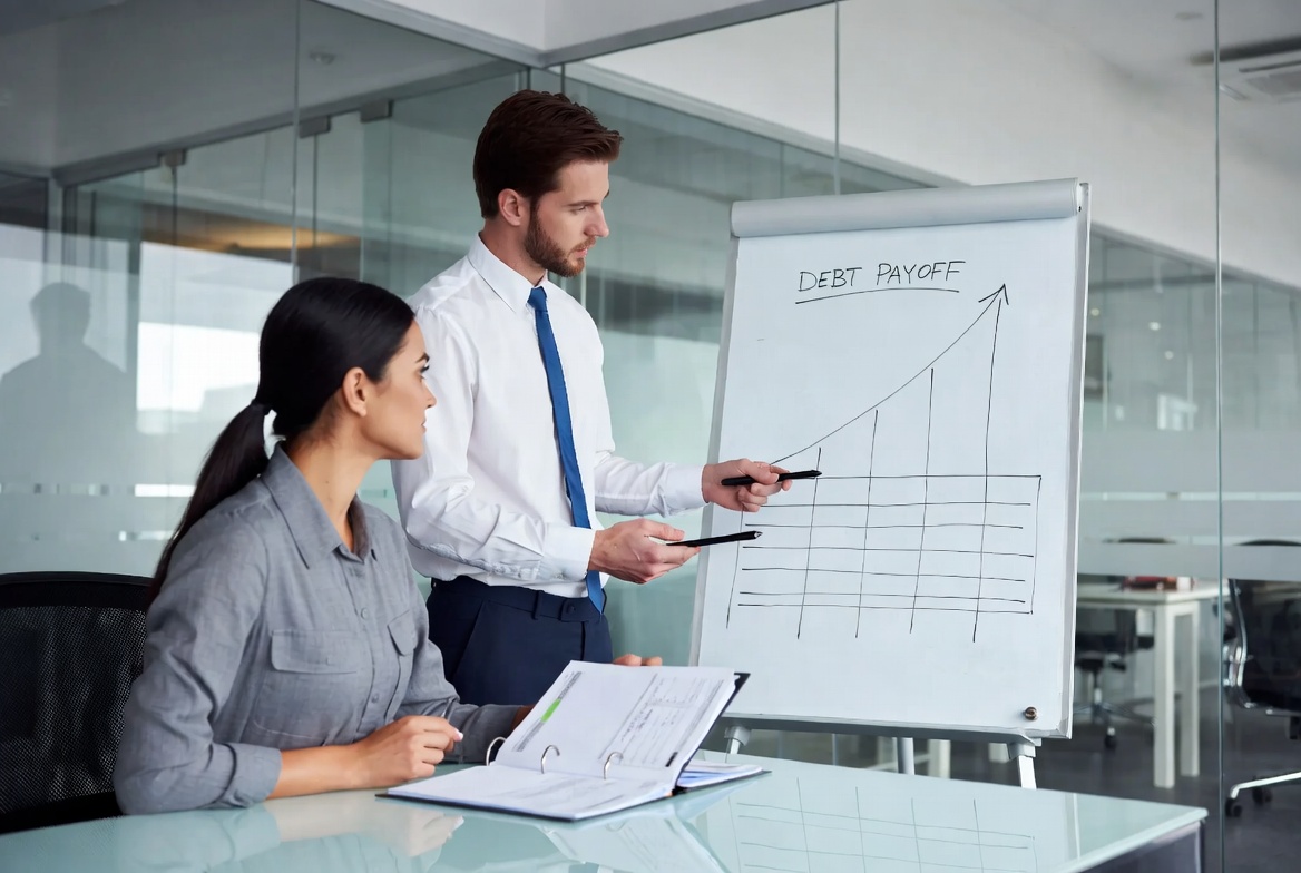 A consumer and advisor mapping out a debt payoff sequence on a glass whiteboard