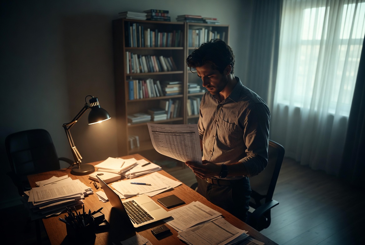 focused Caucasian male professional in his 30s standing in a modern home office, actively reviewing a formal federal financial document under a desk lamp