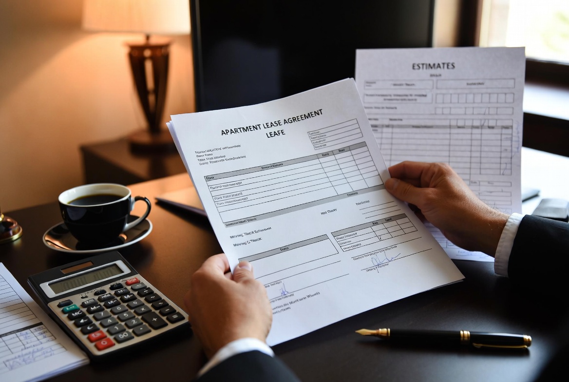 A household financial planner reviewing a lease agreement, moving estimates, and a calculator on a clean desk