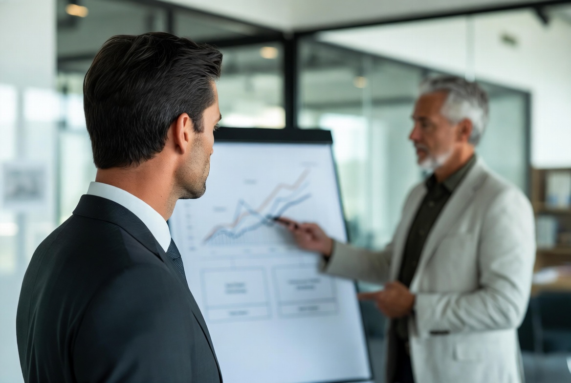 A sharply dressed East Asian man in his early 30s and his elegant wife, sitting in a luxury modern living room, reviewing a digital estate planning map on a large tablet