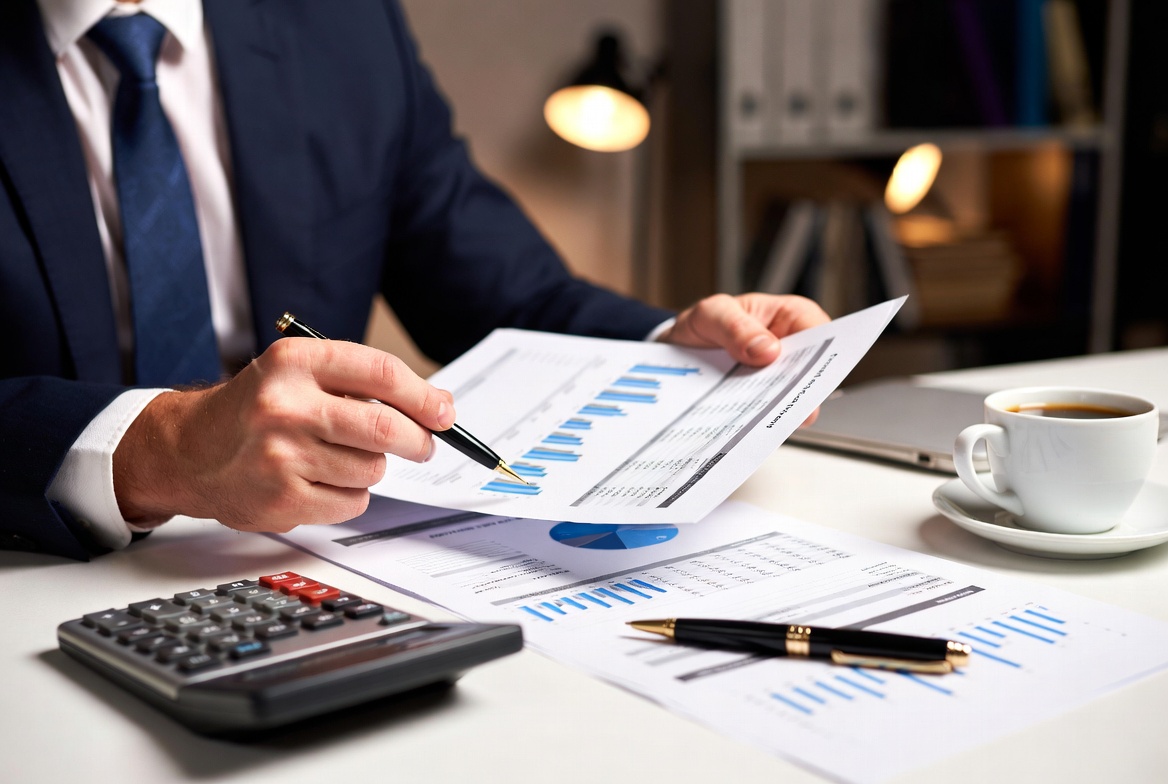 A financial advisor reviewing credit reports and consolidation spreadsheets on a modern desk