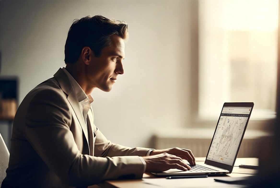 A sharply dressed East Asian man in his early 30s reviewing an e-commerce screen for premium medical gear on his laptop at a minimalist home desk