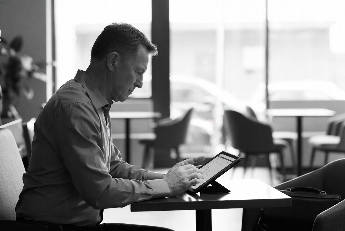 An investor calculating real estate passive income offsets on a tablet at a coffee shop