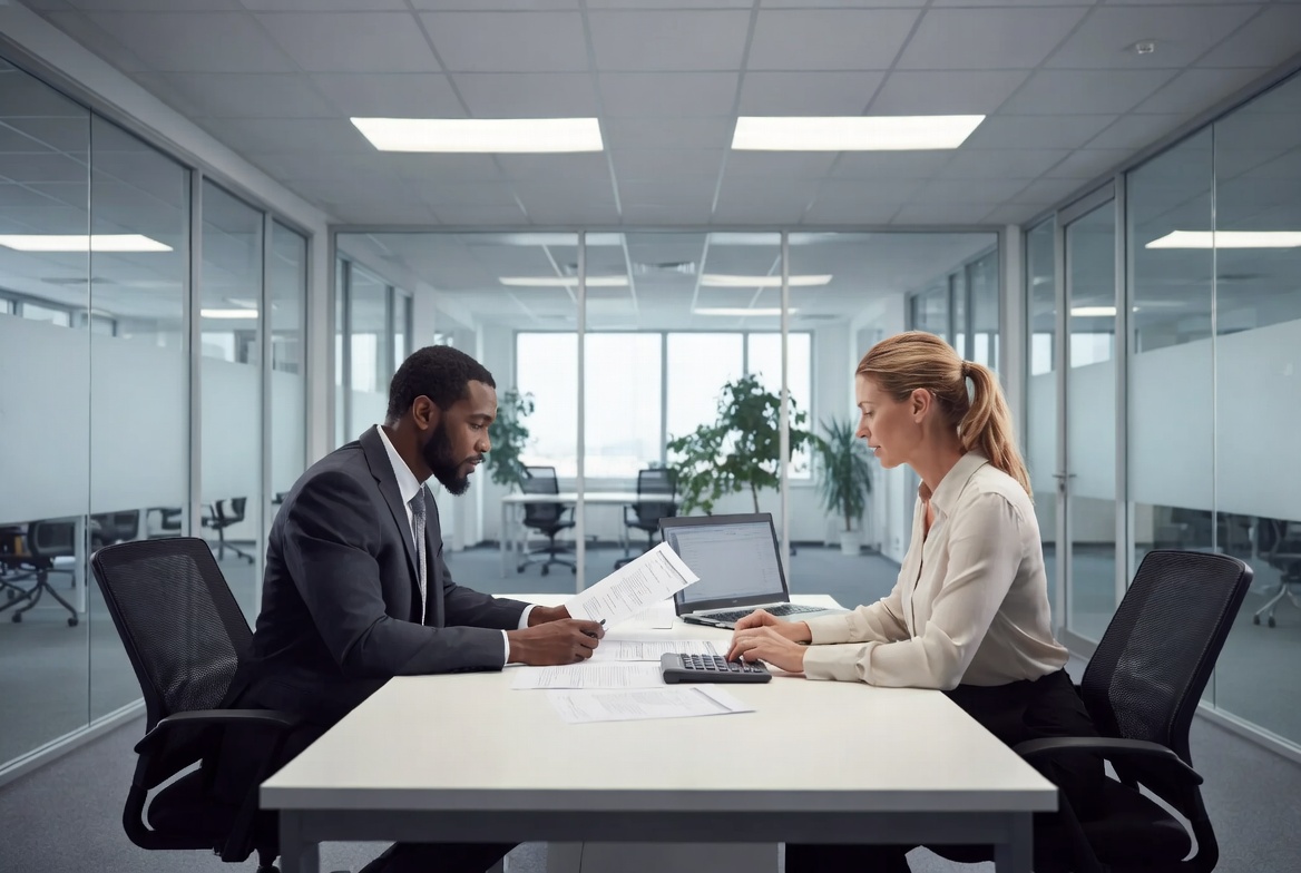 A male and female professional reviewing real estate contracts and a laptop in a corporate office