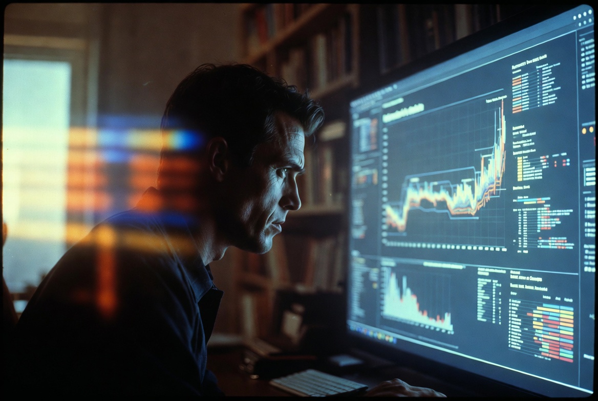 A focused Caucasian male in his 30s sitting in a modern home office, intensely analyzing a retirement projection chart on a large digital screen