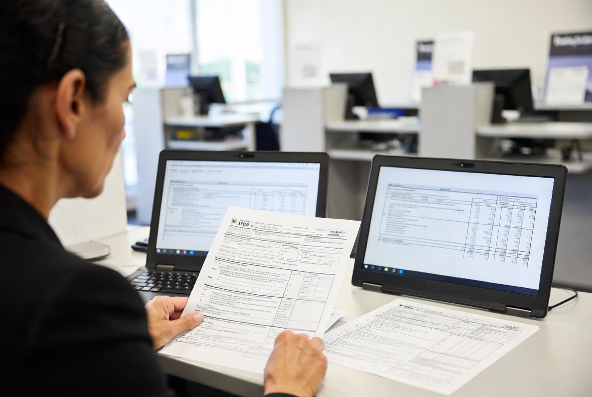 A professional reviewing printed tax forms alongside a laptop in a home office