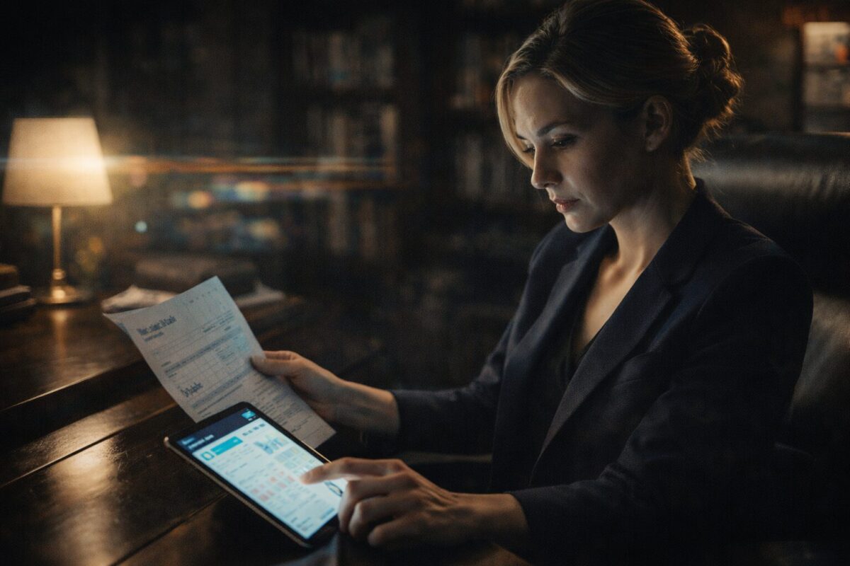 A focused Caucasian female in her 30s reviewing a medical bill and financial portfolio on a tablet in a moody, dimly lit home office
