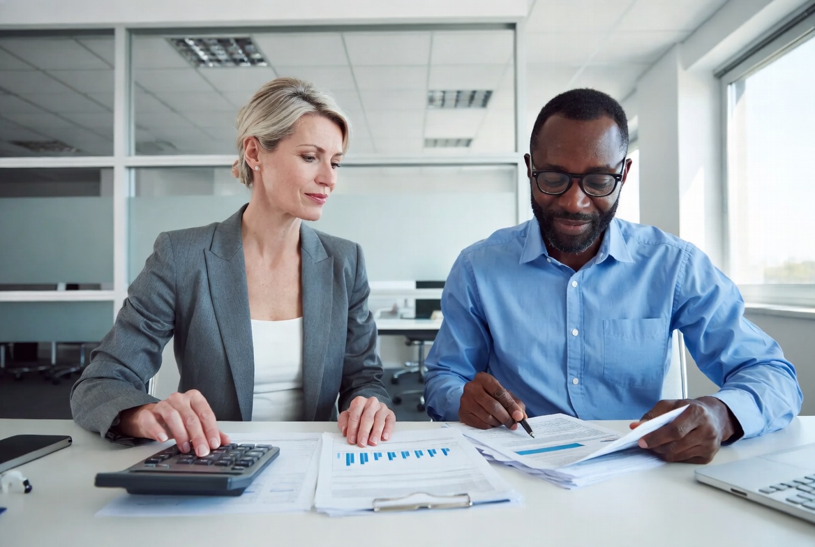 A female professional and a client calculating property loan scenarios in a well-lit office