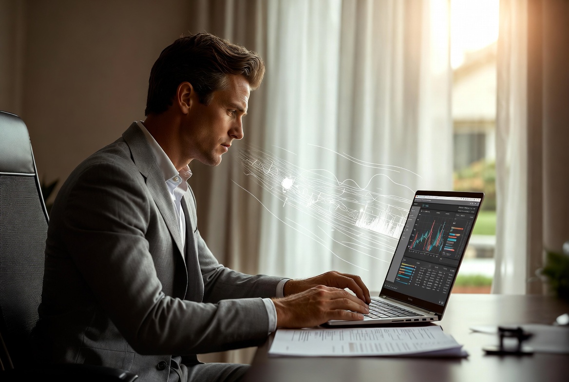 A sharply dressed East Asian man in his early 30s executing a fund transfer on a sleek laptop in a luxury home office
