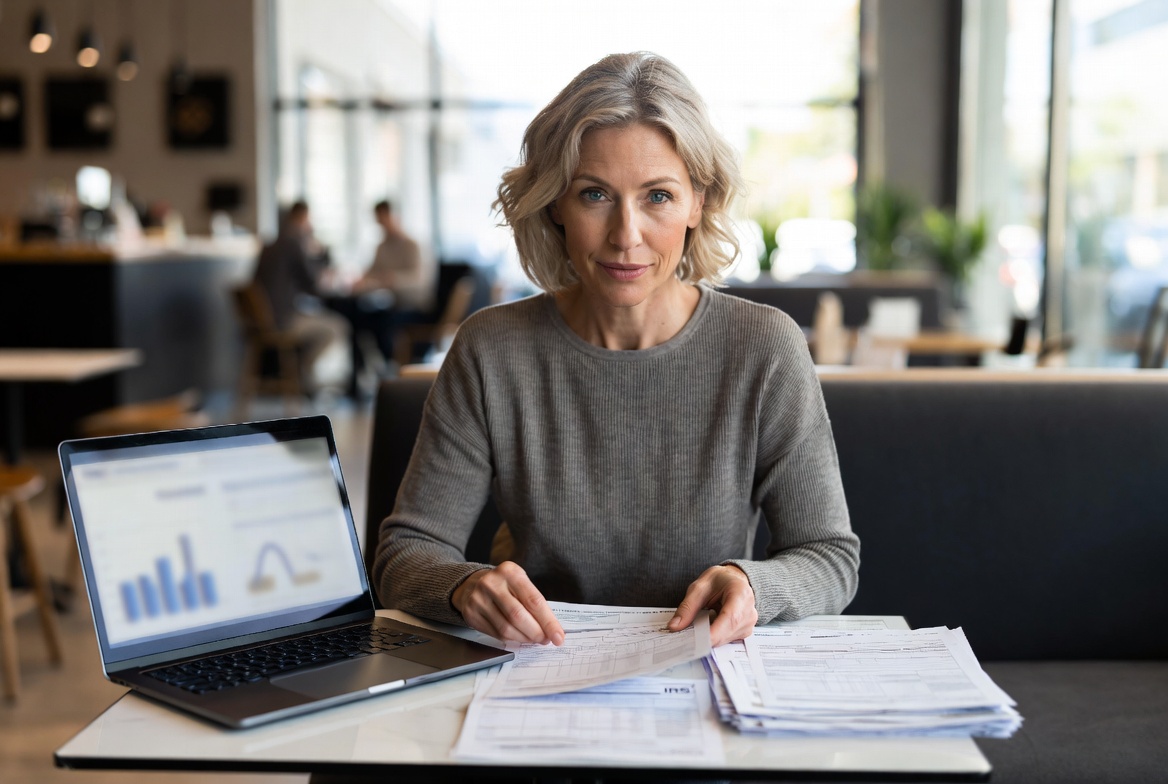 A female professional reviewing tax forms and a laptop in a cafe