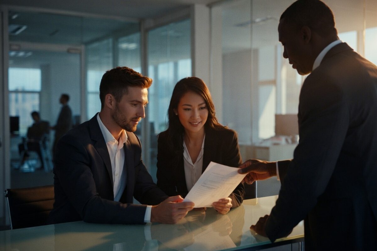 A sophisticated diverse couple in their 30s consulting with a professional CPA in a bright glass-walled office, verifying Roth distribution sequences on a legal document
