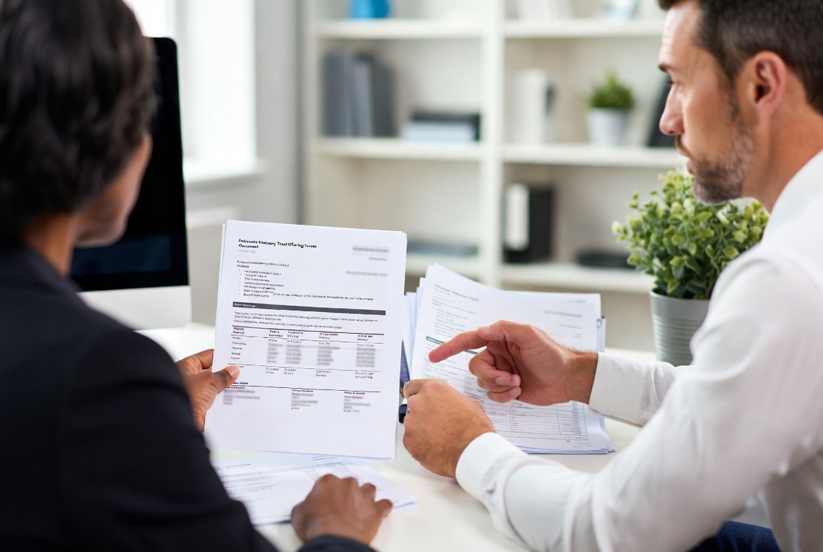 A financial advisor and a client reviewing trust offering documents across a desk