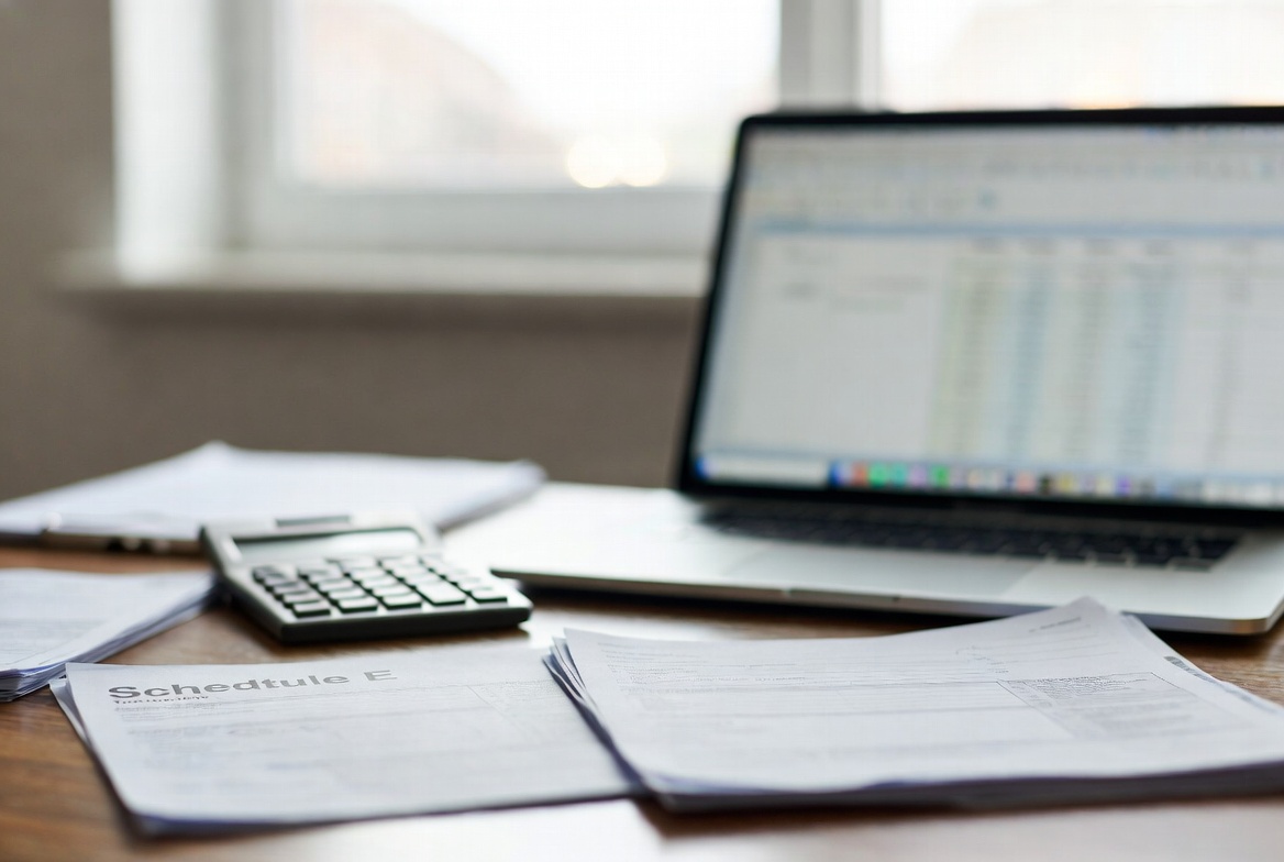 A close-up view of a desk featuring commercial real estate tax forms, a calculator, and a laptop