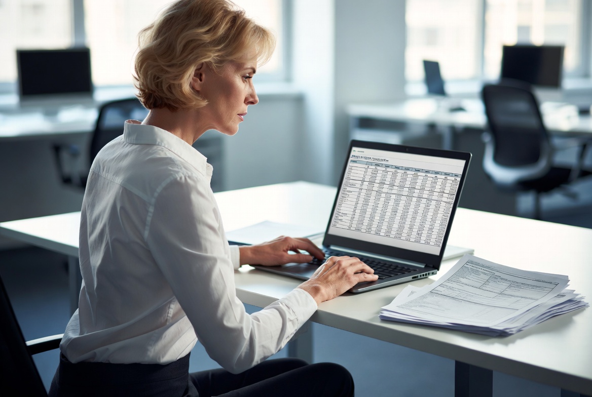 A female professional reviewing financial spreadsheets and depreciation schedules on a laptop in an office