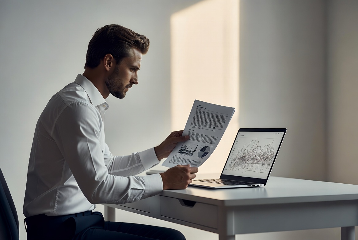A sharply dressed Caucasian male in his 30s reviewing corporate 401(k) plan documents on a sleek laptop at a modern home desk