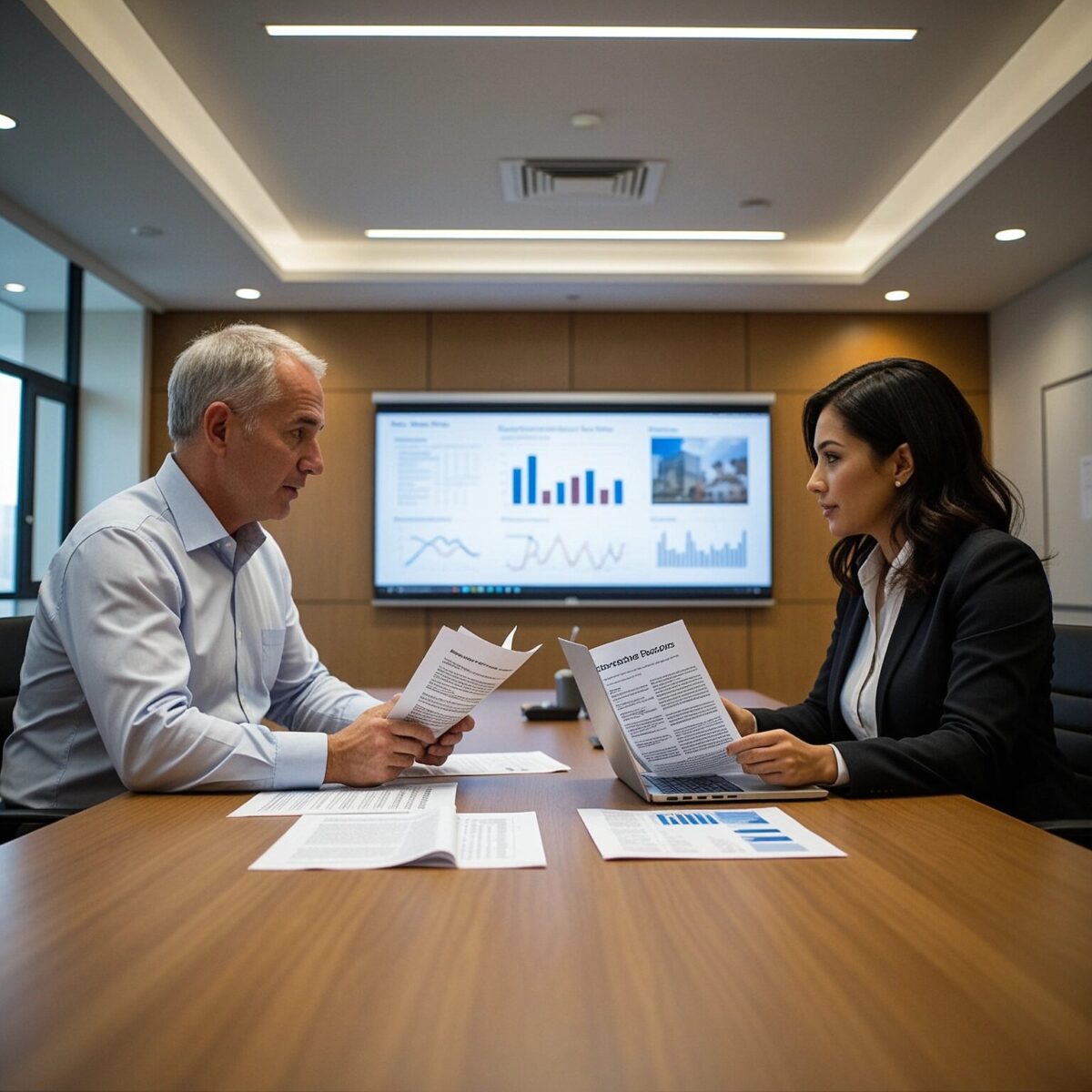 A male and female professional reviewing real estate prospectus documents and a laptop in a corporate conference room