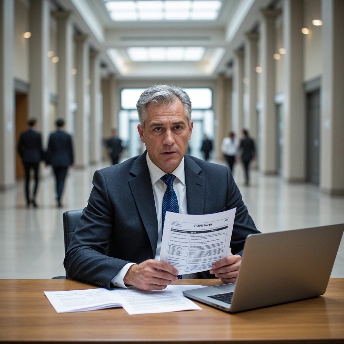 A male professional reviewing a formal tax notice and a laptop in a government building