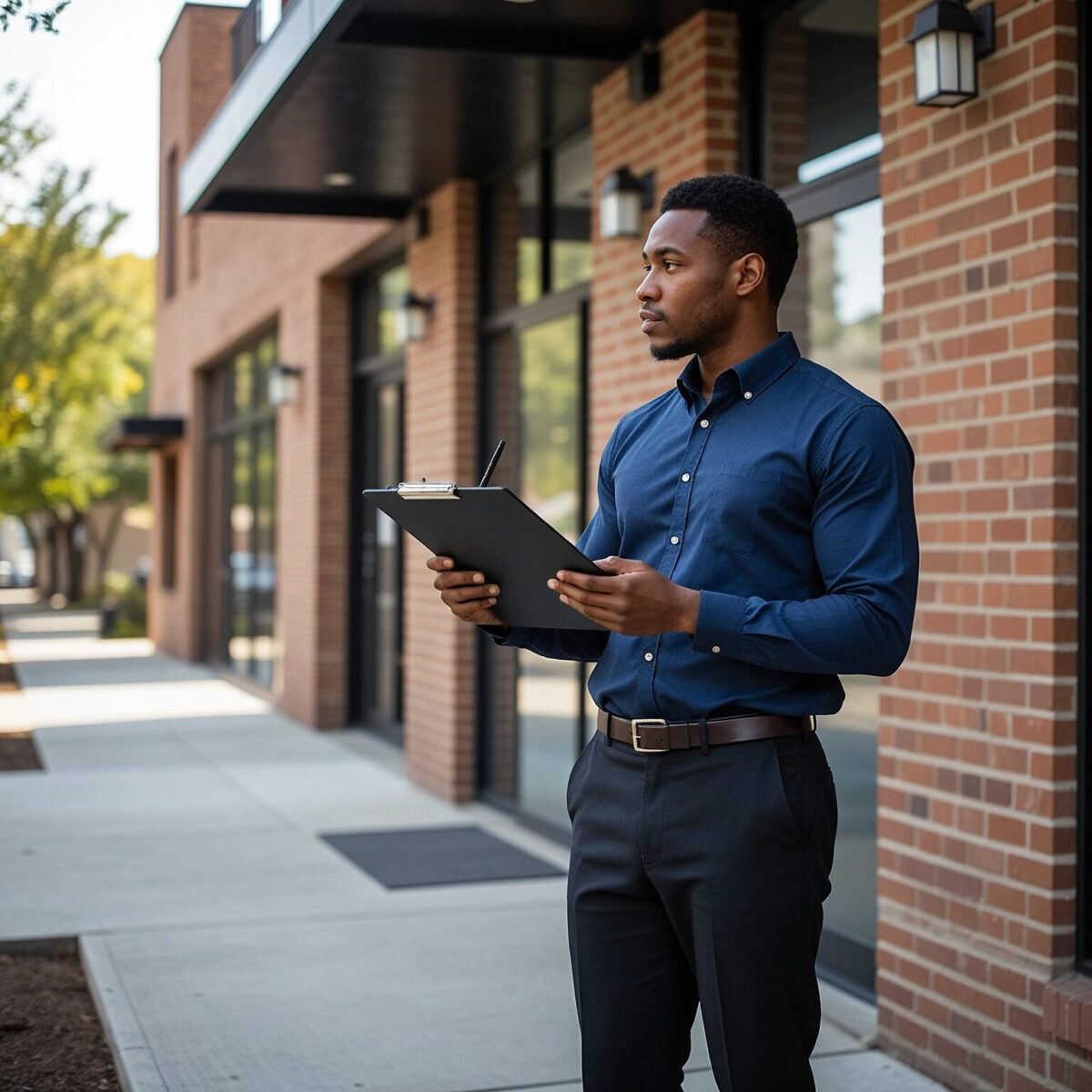 A male investor standing on-site at a commercial property reviewing a clipboard and taking notes