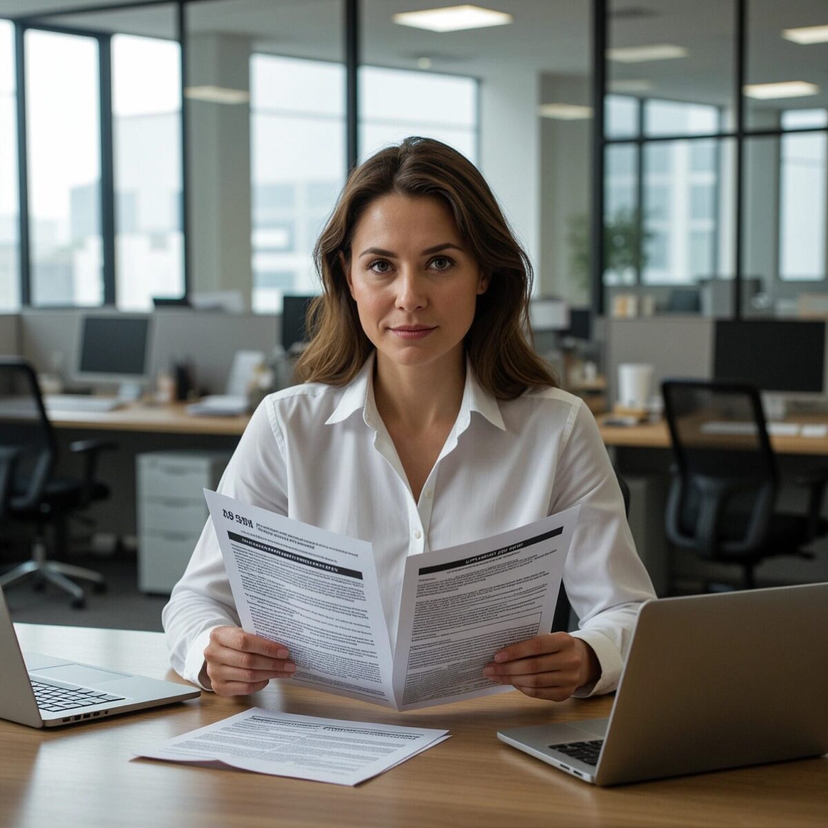 A professional reviewing residential property documents and tax regulations in a bright office