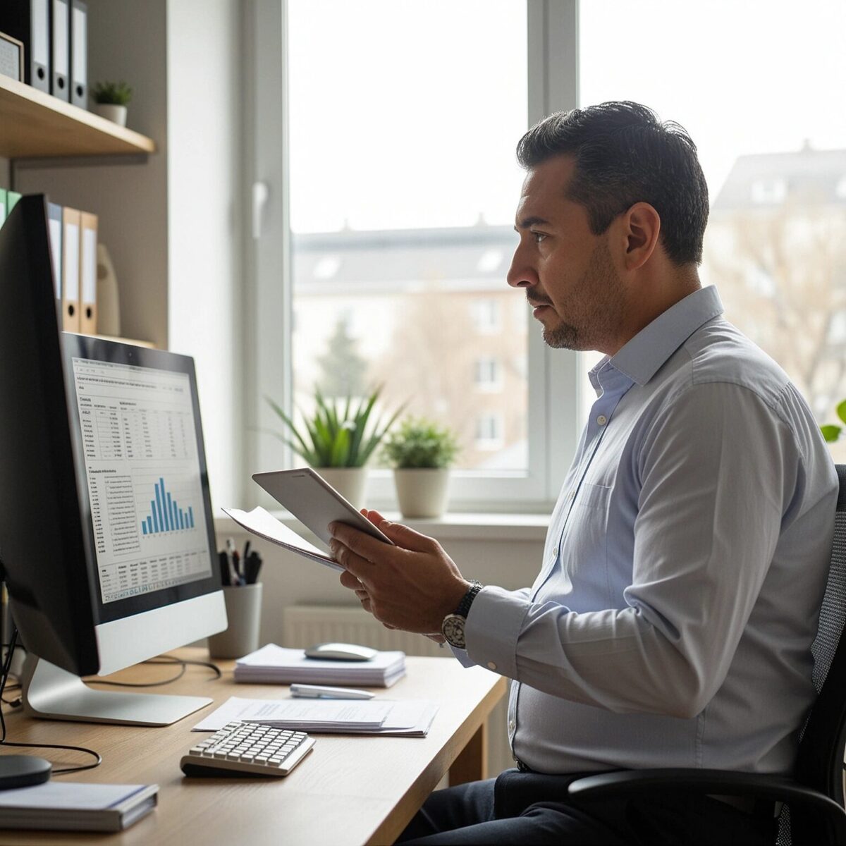 A male professional analyzing residential rental data on a tablet in a modern home office