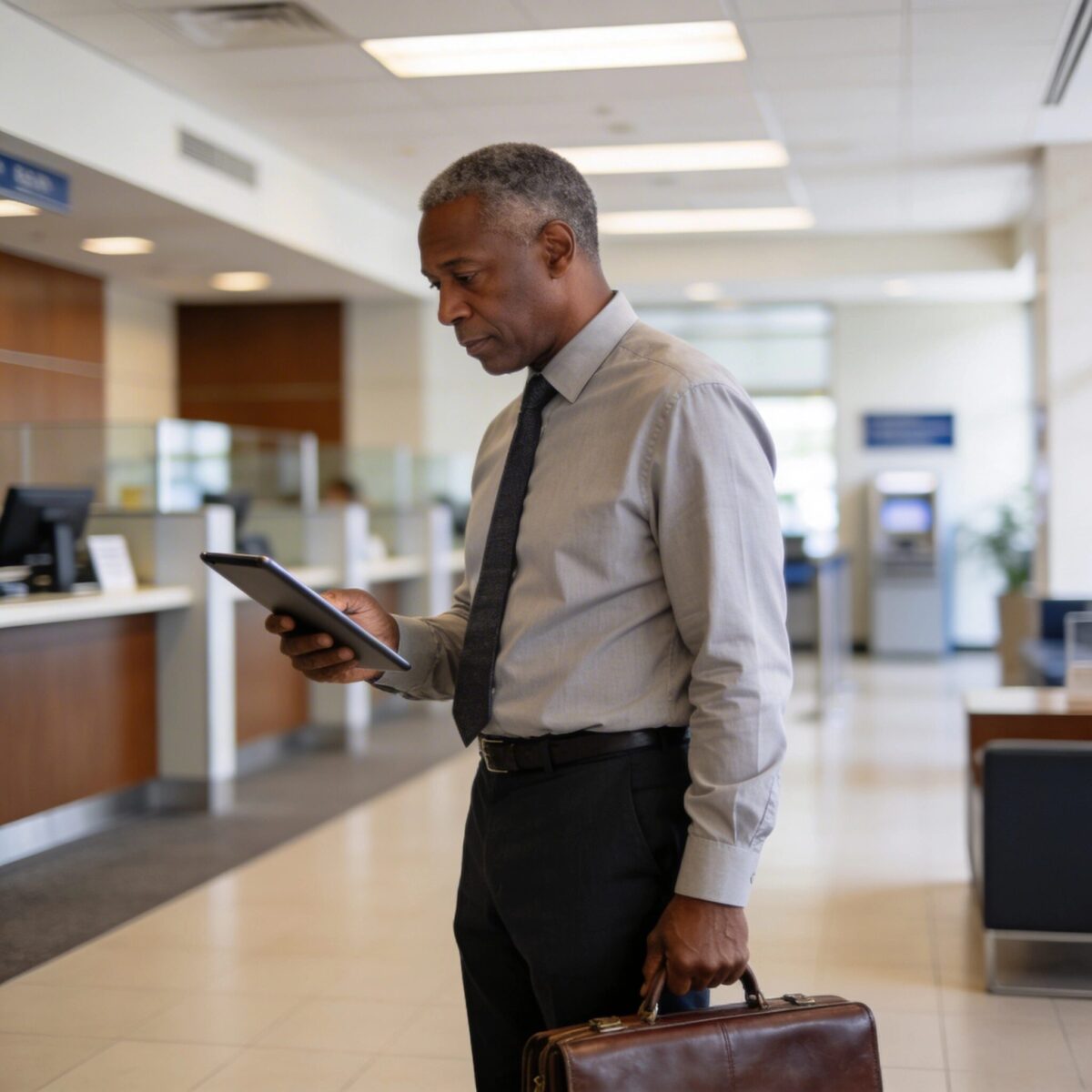 A male professional and a client reviewing institutional compliance documents in a bank branch