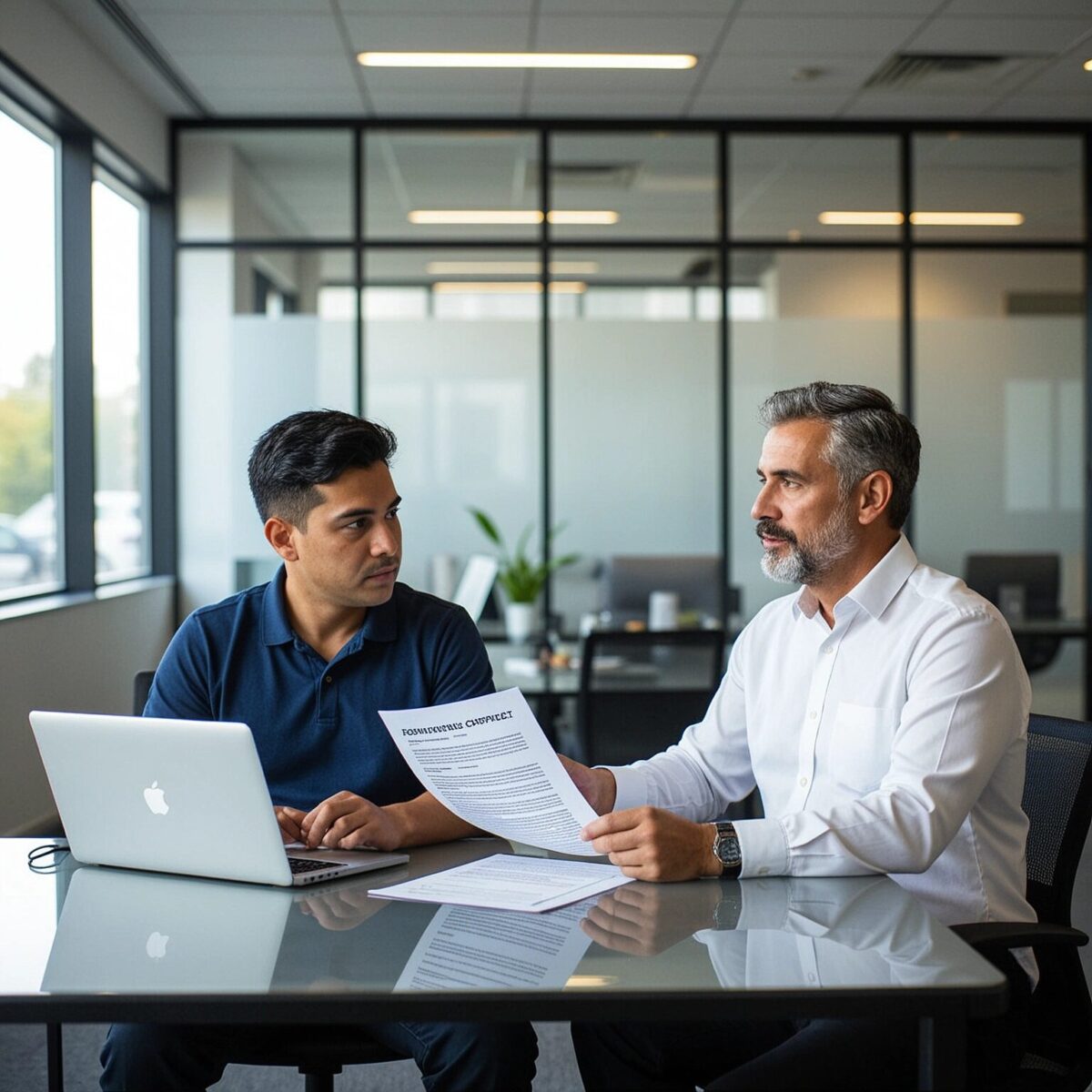 Two male professionals objectively reviewing partnership dissolution contracts and laptops in a shared office space