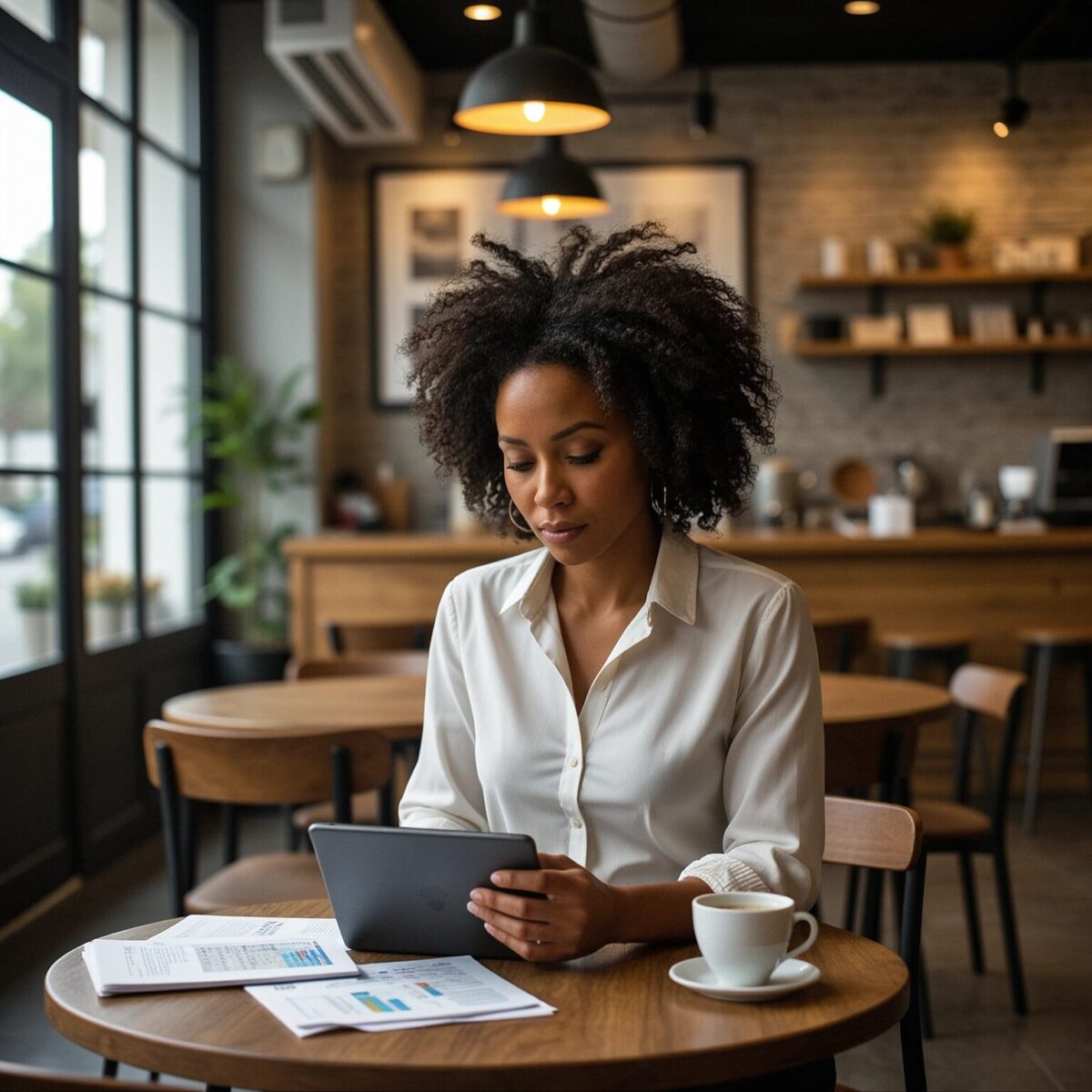 A female professional actively reviewing printed financial charts and a tablet at a coffee shop