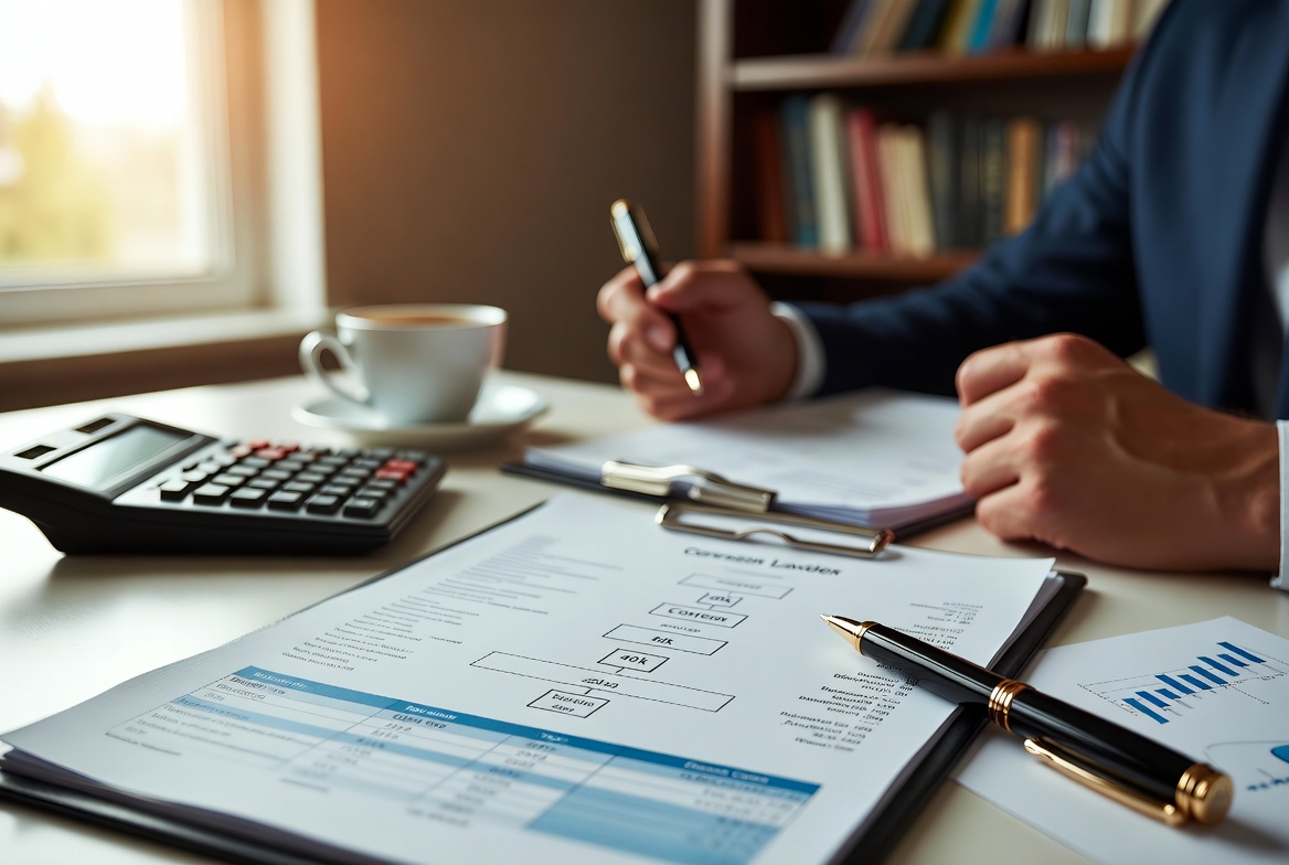 A tax strategist analyzing conversion ladders and distribution schedules on a sophisticated desk