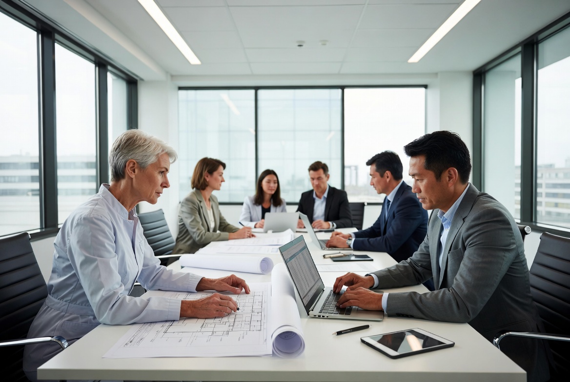 A diverse professional team reviewing architectural blueprints and spreadsheets in a corporate conference room