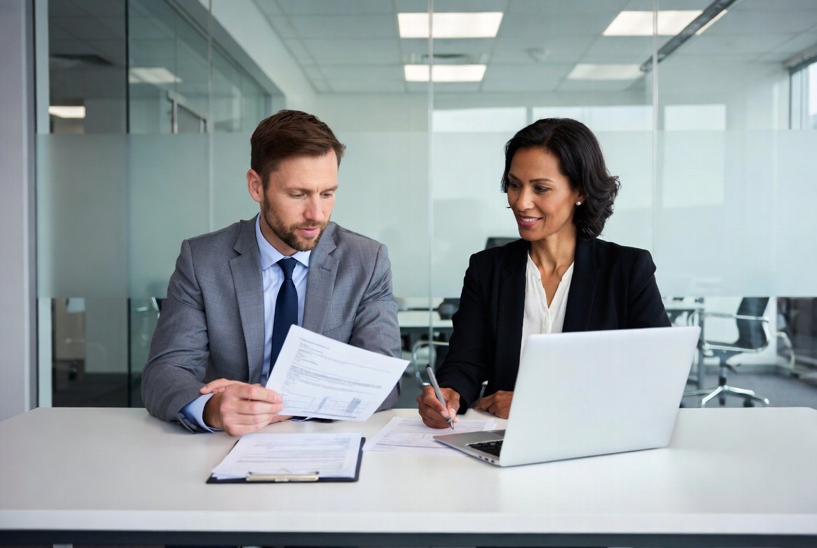 A male and female professional reviewing formal identification documents in a conference room