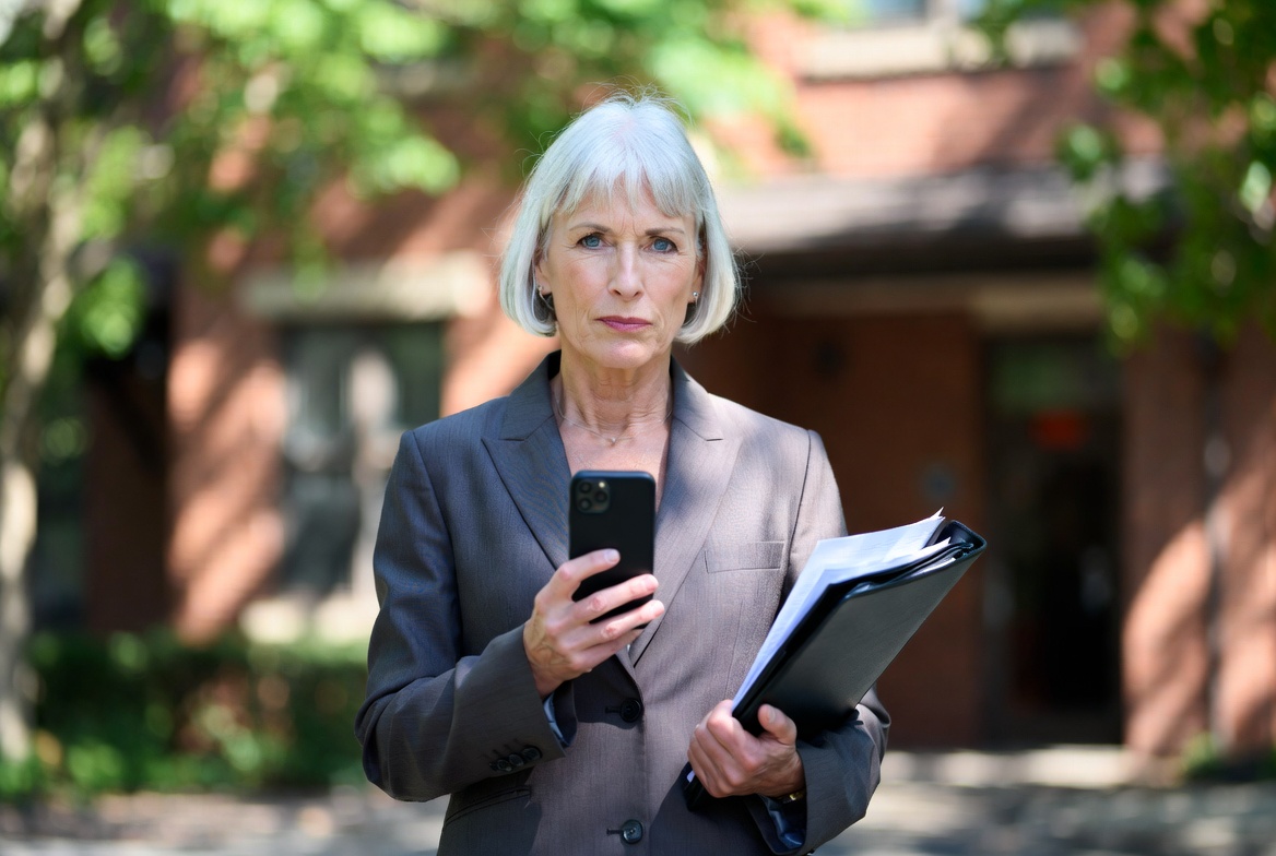 A female professional standing on-site at a commercial property reviewing digital documents on a smartphone