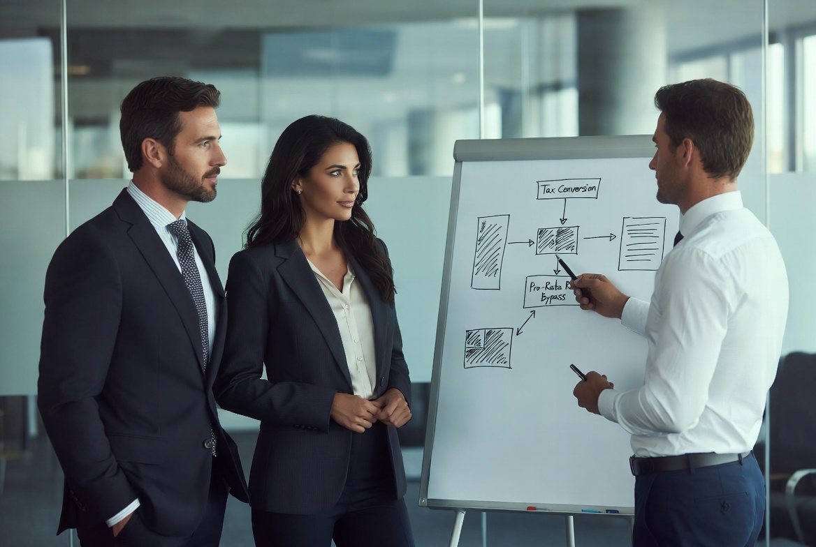 An elegant East Asian couple in their early 30s reviewing a whiteboard with a CPA in a modern office, mapping out the Pro-Rata rule bypass